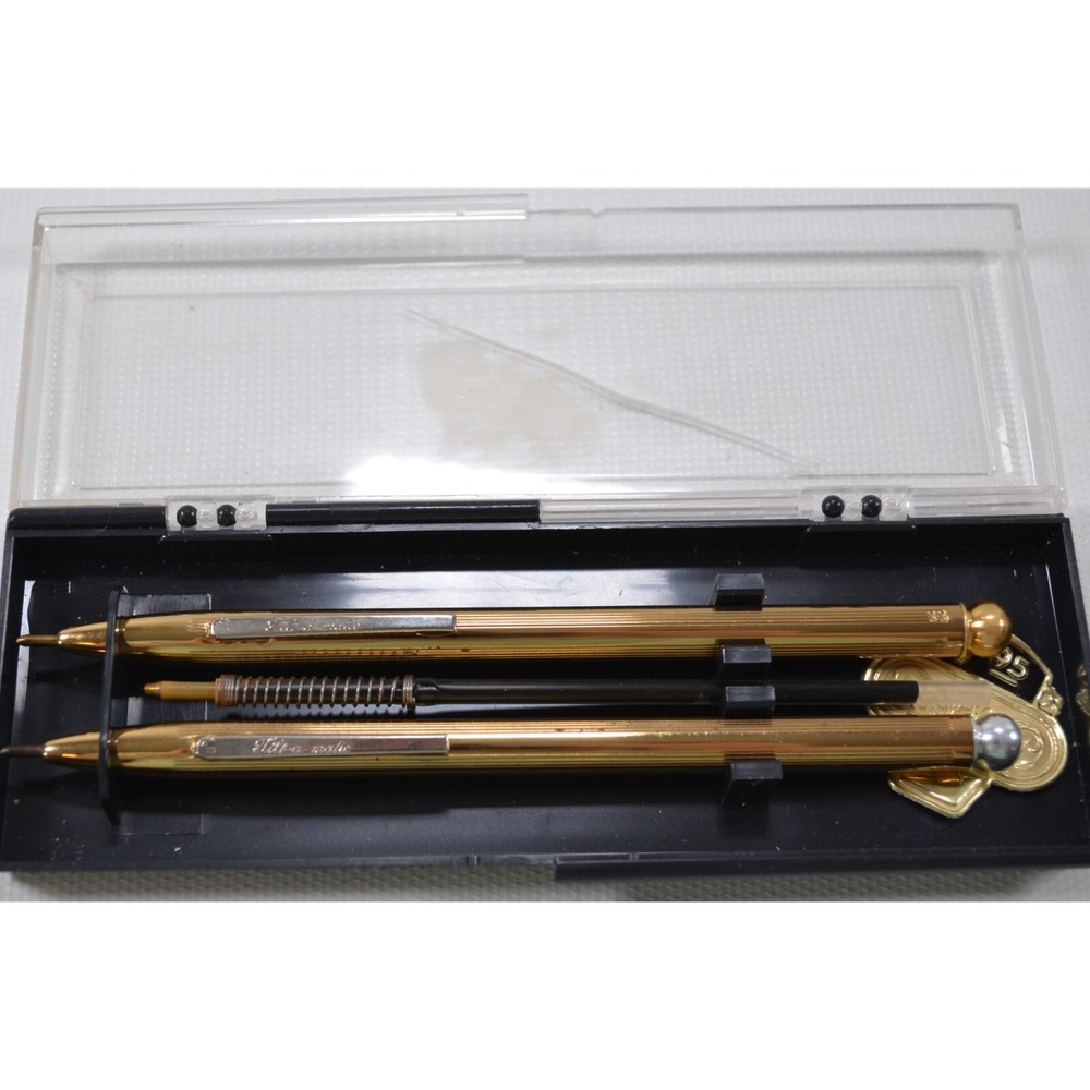 Vintage Tilt-a-matic Gold Tone Metal Mechanical Pen Set in Plastic Case